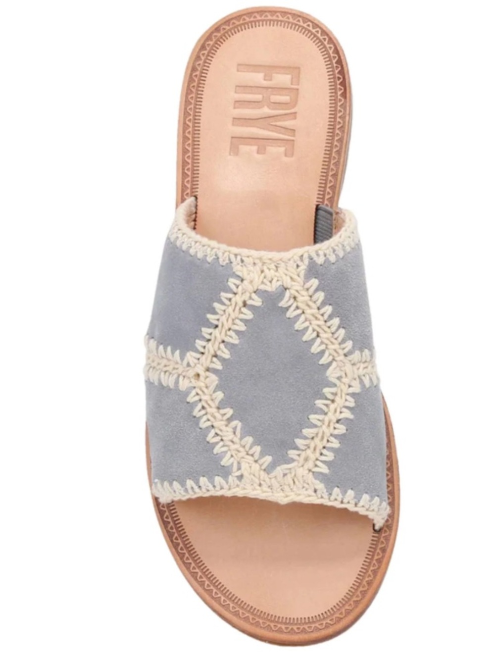 Frye Steel Blue Suede Slide with Cream Crochet Trim